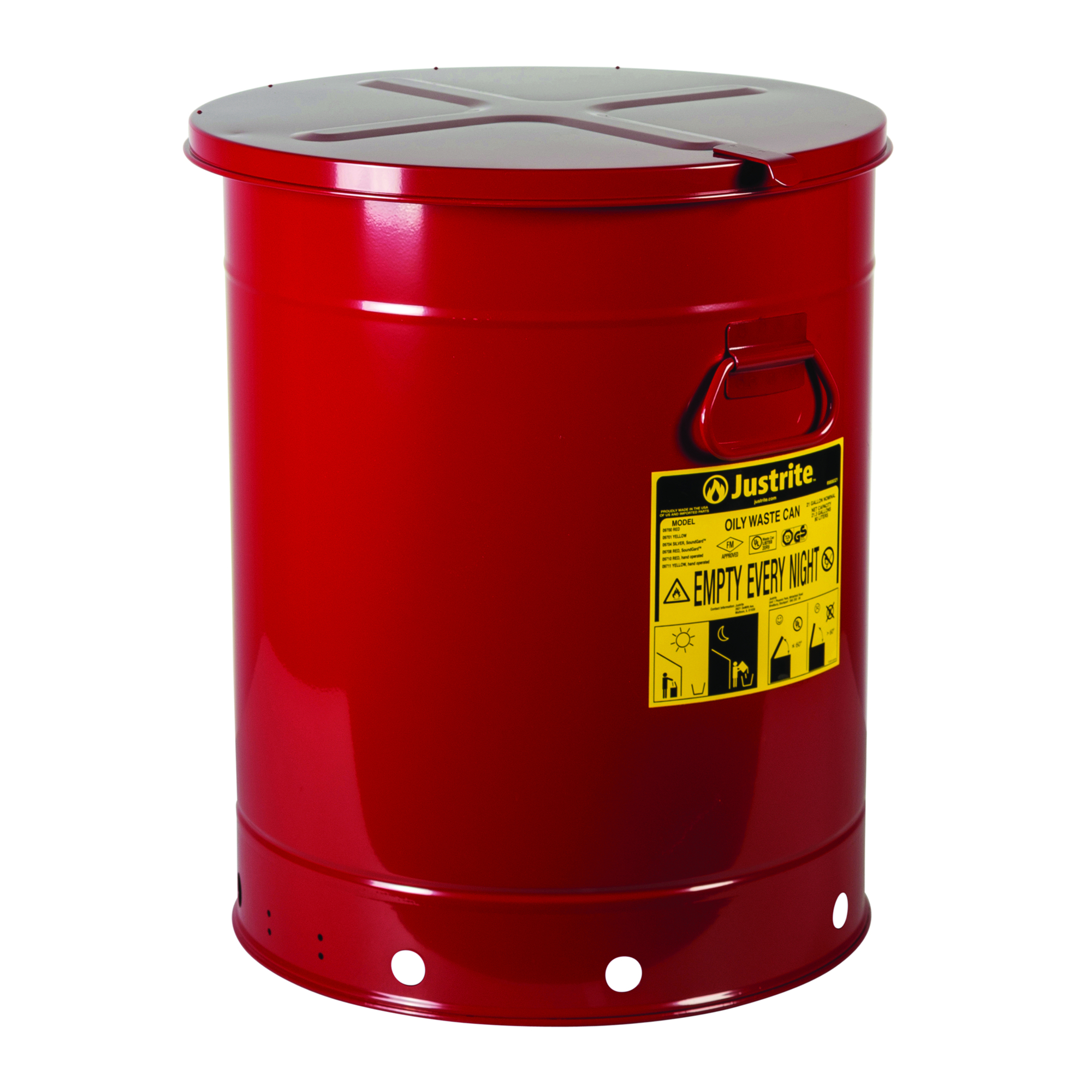 Justrite Oily Waste Can — 21-Gal., Hand-Operated Cover, Red, Model# 09710